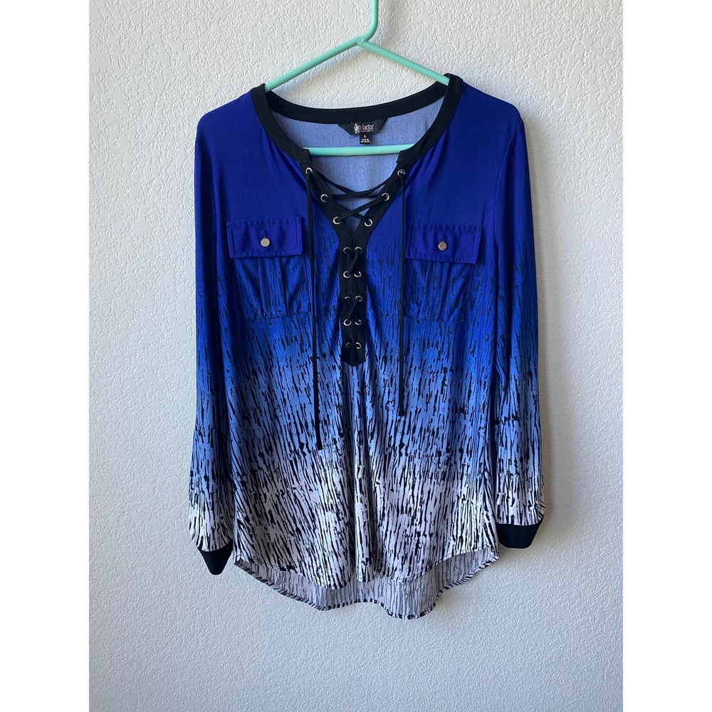 Slim Factor Women Ombre Drip Print Edgy Lace Up Top Size S Blue White